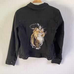 Style & Co Denim Jacket Size M Reimagine, Repurosed Tabby Cat Embroidered Design